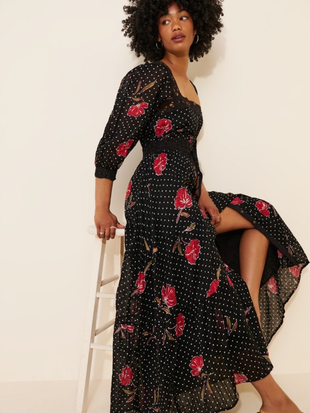 Free People Black Maxi Dress with Red Floral Print